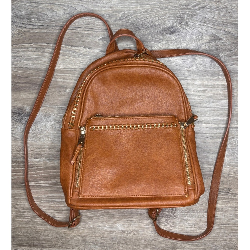 Madison West Cognac Brown Vegan Leather Backpack Gold Chain Whipstitch Detail